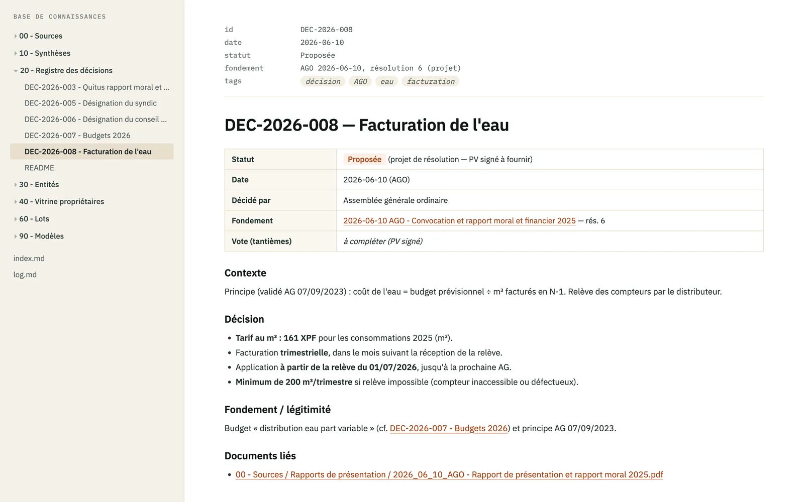 Fiche du registre des décisions : statut, date, fondement, décision et documents liés.